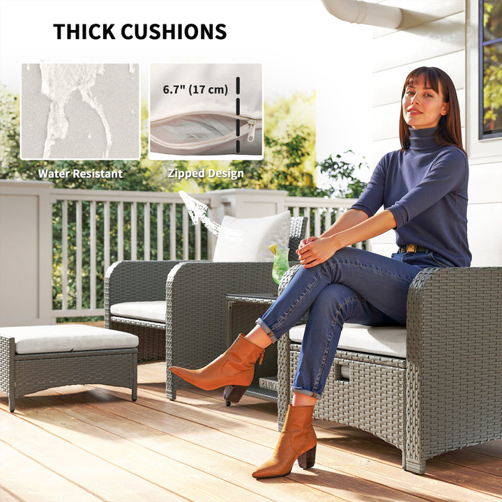 Five Piece Rattan Garden Furniture Set with 2-Tier Coffee Table and Ottomans - Cream White