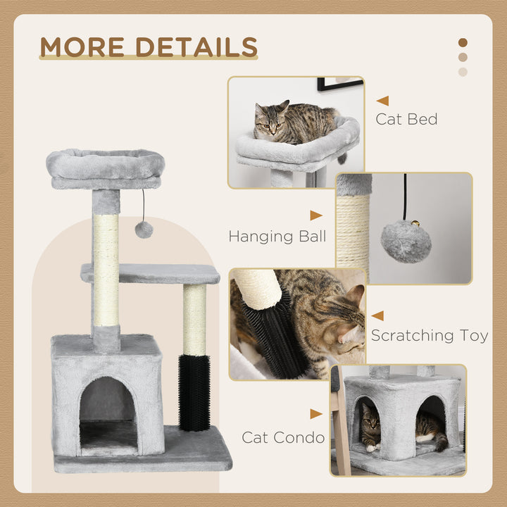 PawHut Cat Tree Tower with Sisal Scratching Posts, Kitten Climbing Activity Centre, Massage Toy Included, 48 x 48 x 80cm, Light Grey | Aosom UK