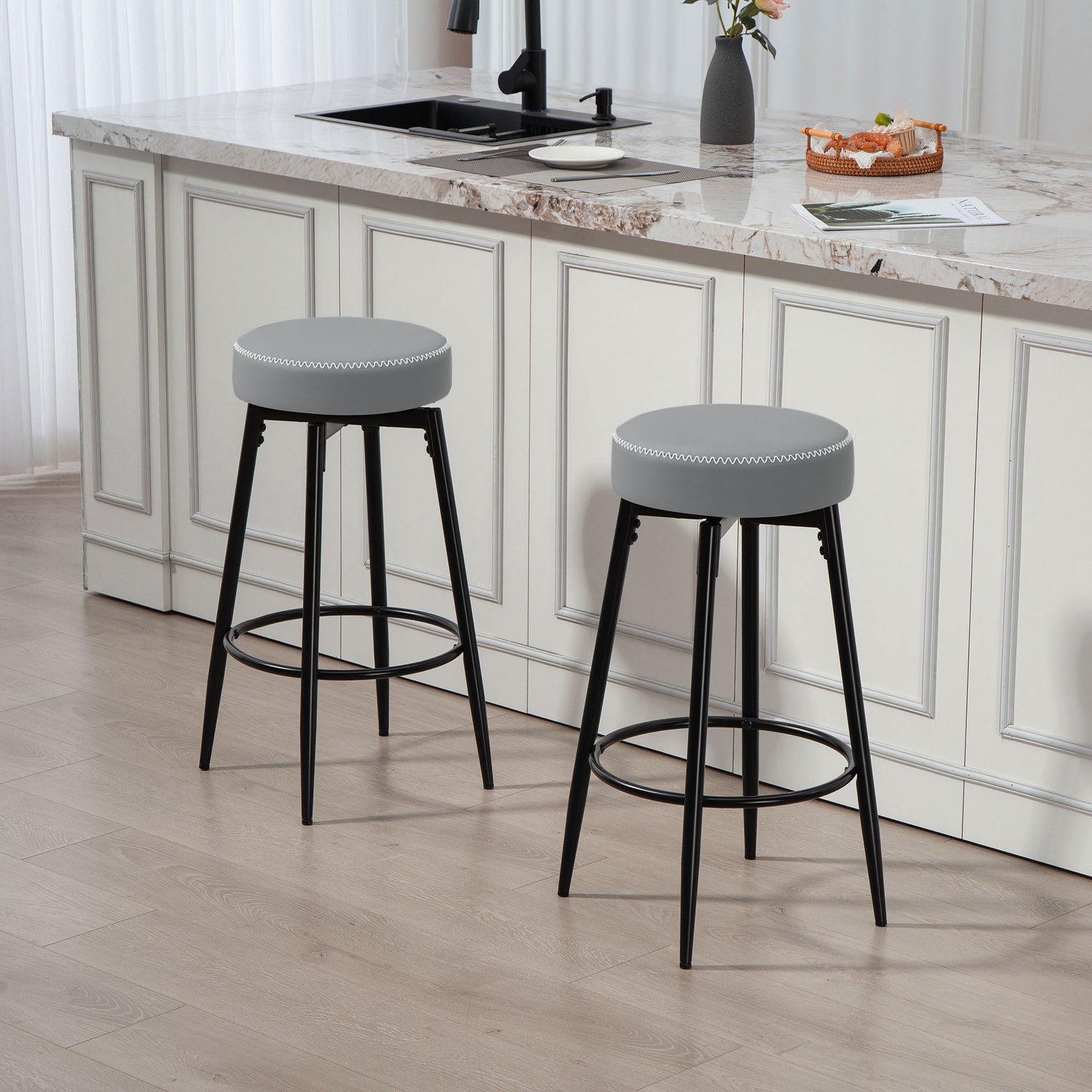 Set of Two Faux Leather Bar Stools - Grey/Black