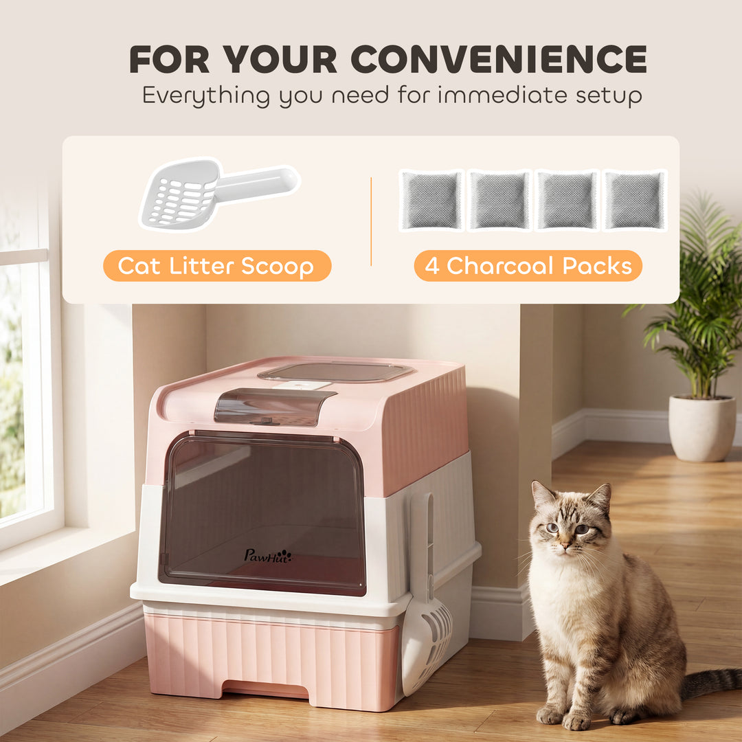 Enclosed Cat Litter Box with Lid, Pull-Out Drawer Tray, Scoop, 4 Deodo