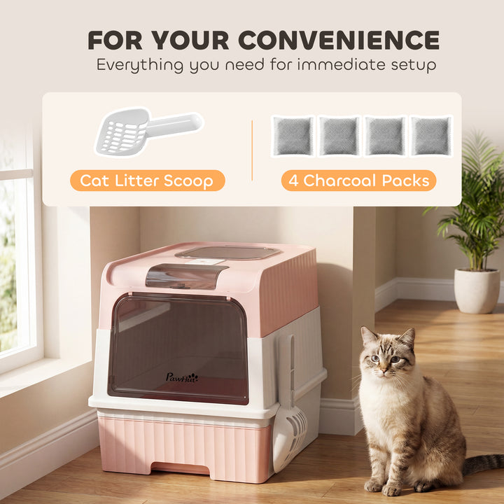 Enclosed Cat Litter Box with Lid, Pull-Out Drawer Tray, Scoop, 4 Deodo