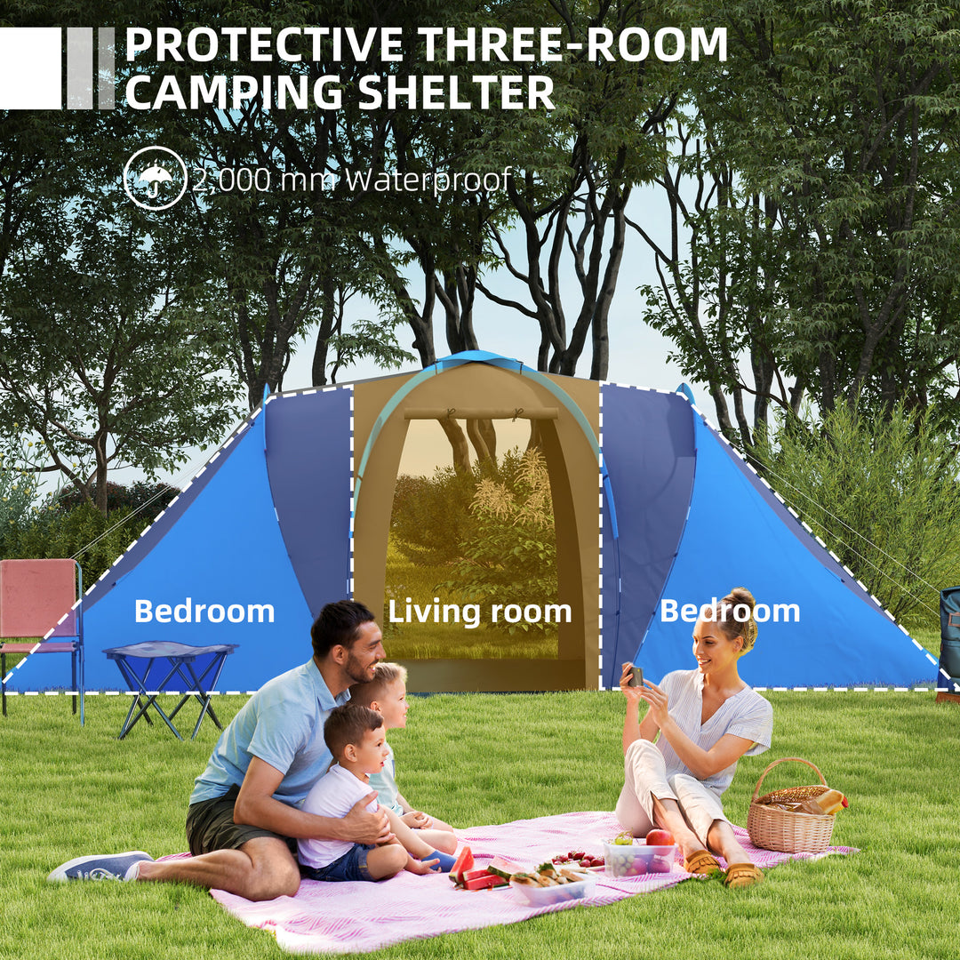 Outsunny 6 Man Tent, Camping Tent with 2 Bedroom and Living Area, 2000mm Waterproof Family Tent with Latern Hook, Blue | Aosom UK