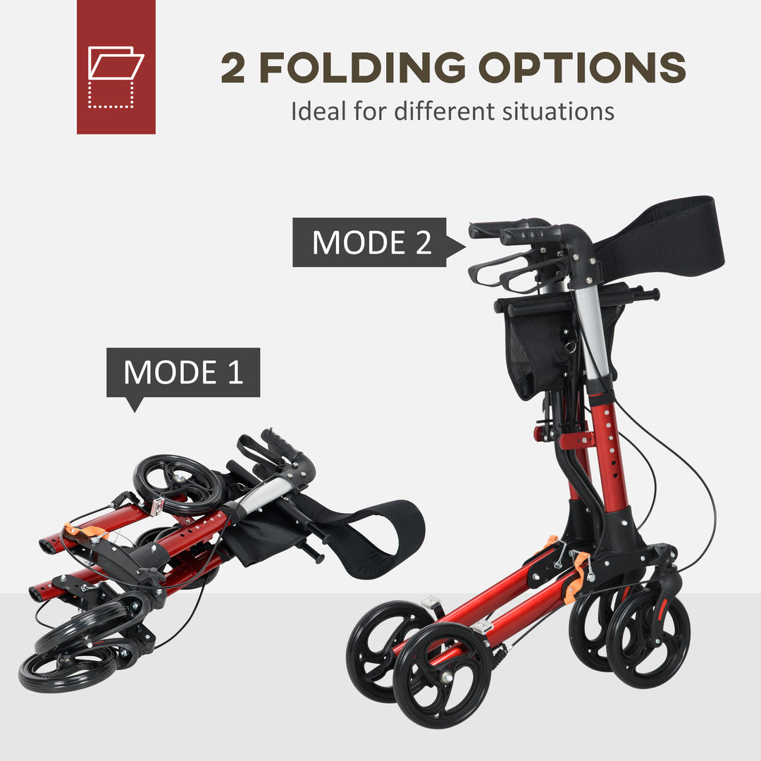 HOMCOM Folding Rollator Walker w/ Seat & Backrest, Lightweight Walking Frame w/ Adjustable Handle Height, 4 Wheeled Walker, Red | Aosom UK