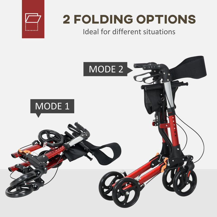 HOMCOM Folding Rollator Walker w/ Seat & Backrest, Lightweight Walking Frame w/ Adjustable Handle Height, 4 Wheeled Walker, Red