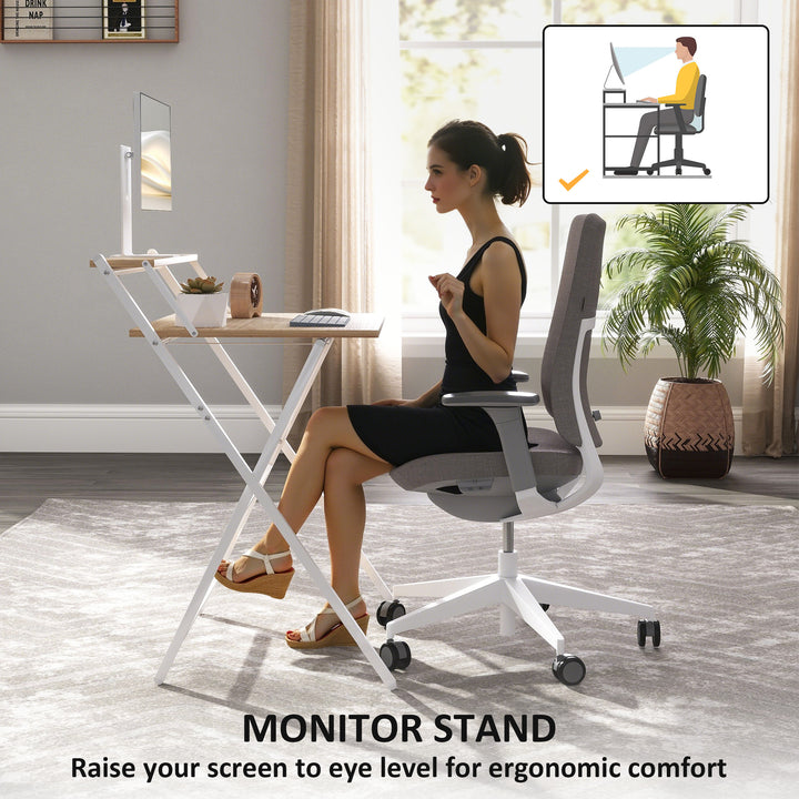 70 cm Folding Computer Desk with Monitor Shelf - Natural Wood Finish