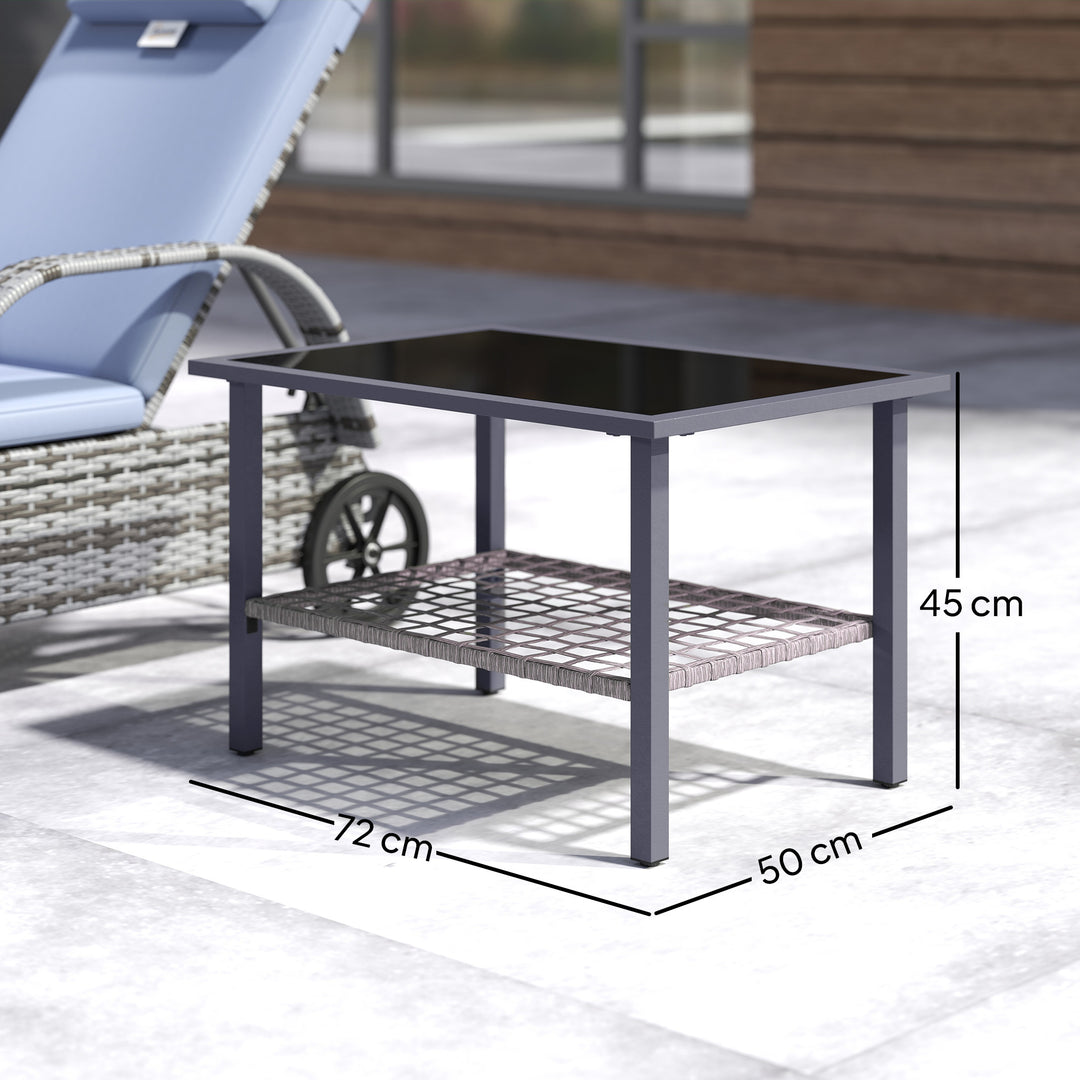 Outdoor Rattan Coffee Table with Tempered Glass Top, Storage Shelf, Foot Pads, for Patio, Balcony, Mixed-grey