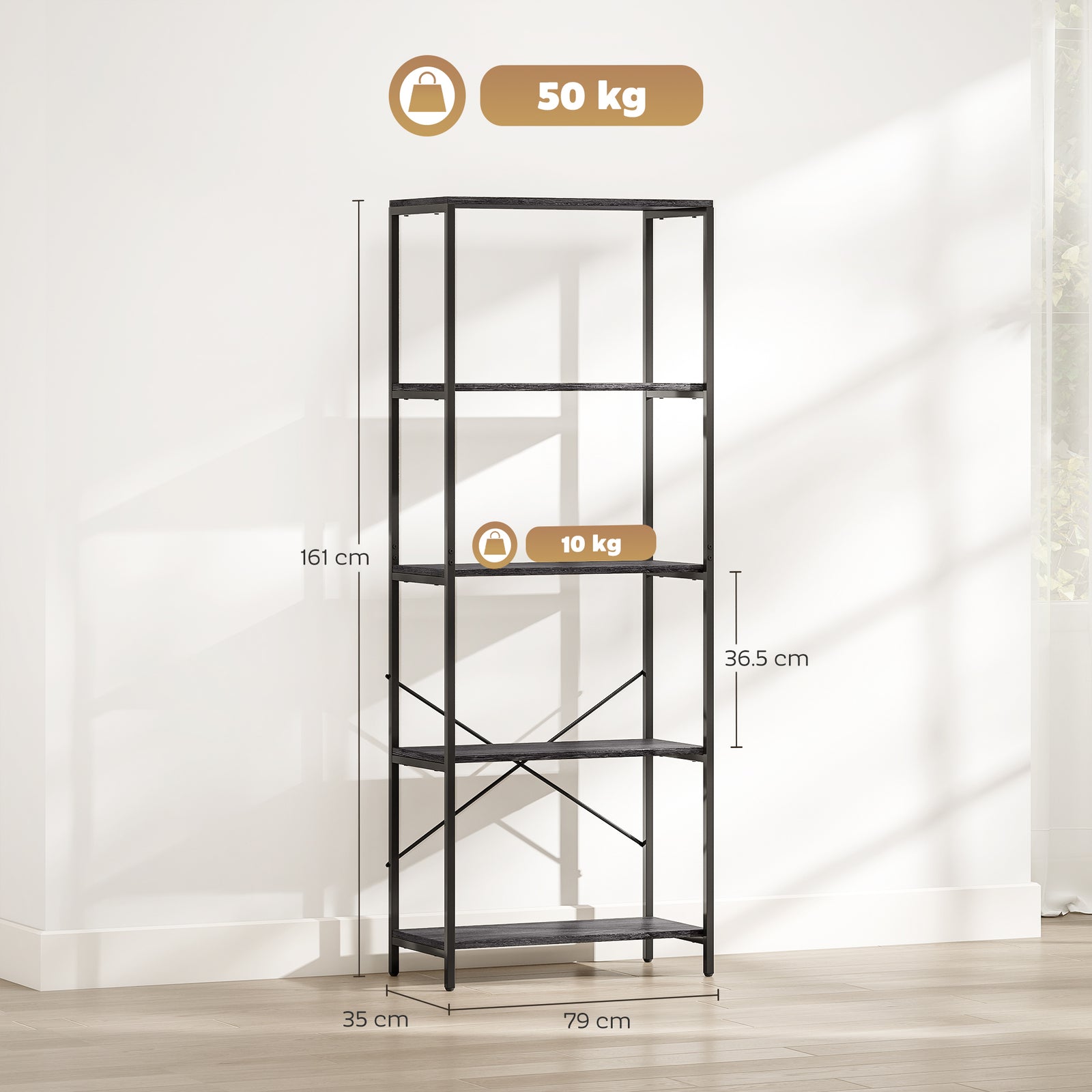 5-Tier Bookshelf, Industrial Bookcase with Metal Frame - Dark Grey and