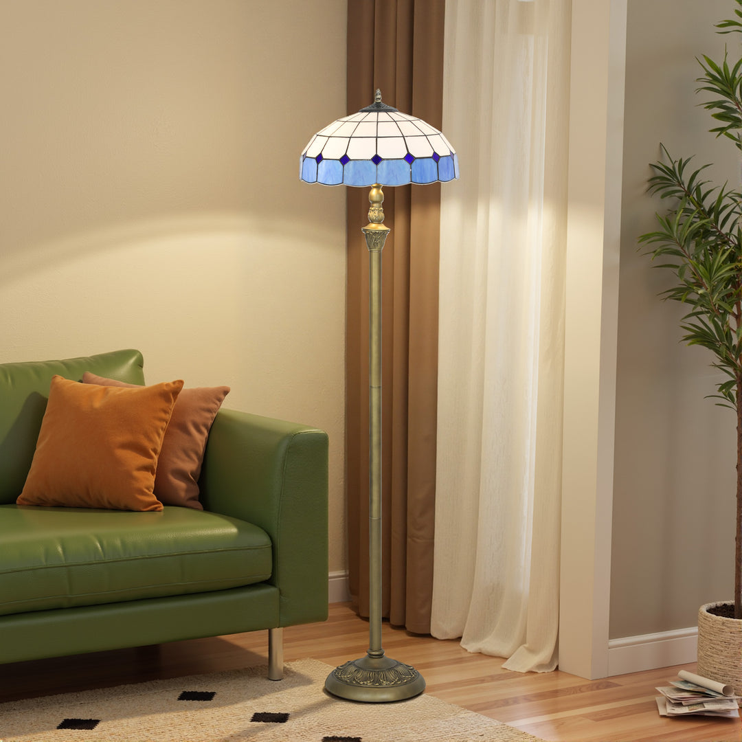 MCL Tiffany-Style Floor Lamp with Handcrafted Stained Glass Shade, 152cm Tall Vintage Standing Lamp with Foot Switch and Dual Sockets for Living Room Bedroom, Bronze Tone and Blue