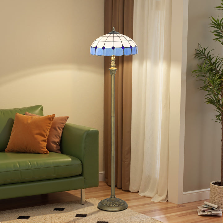 MCL Tiffany-Style Floor Lamp with Handcrafted Stained Glass Shade, 152cm Tall Vintage Standing Lamp with Foot Switch and Dual Sockets for Living Room Bedroom, Bronze Tone and Blue