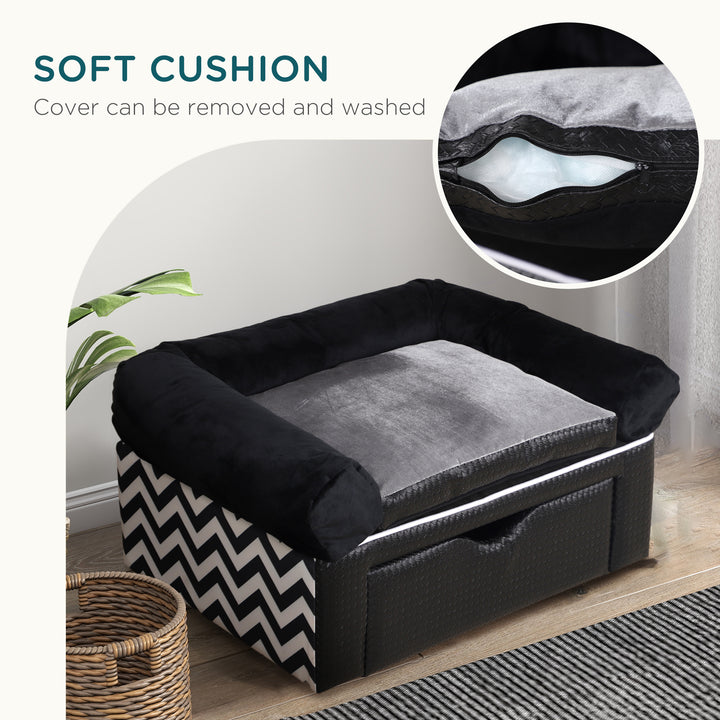 PawHut Dog Sofa Bed with Storage Drawer, Elevated Dog Couch for Small Dogs, with Soft Cushion, Removable and Washable Cover, Black