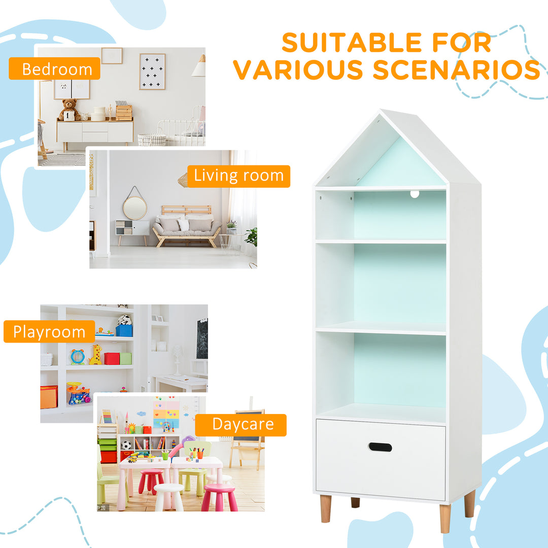 Kids Children Wooden Bookcase w/Drawer Bedroom Furniture Bookshelf Storage Rack Display Unit Toys Games Organisation Cabinet Pink Blue Back Panel 50 x 30 x 142 cm
