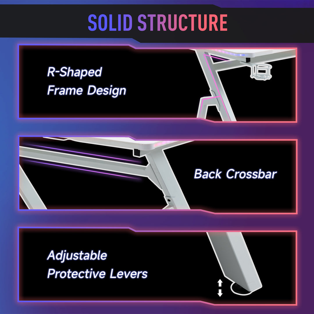RGB 120 x 66cm Gaming Desk, Computer Table with Carbon Fibre Surface, Headphone Hook, Cup Holder, Controller Rack, Home Office Desk, White