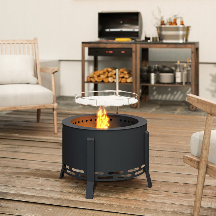Portable Fire Pit, 58 cm Round Firepit with Grill Grate, Fire Bowl with Ash Catcher and Poker, Fire Pit BBQ for Garden Camping Bonfire Picnic, Black