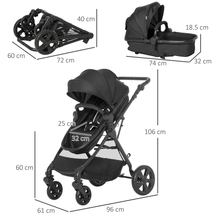 Foldable Baby Stoller, with Reclining Backrest, Adjustable Canopy, for Ages 0-36 Months - Black
