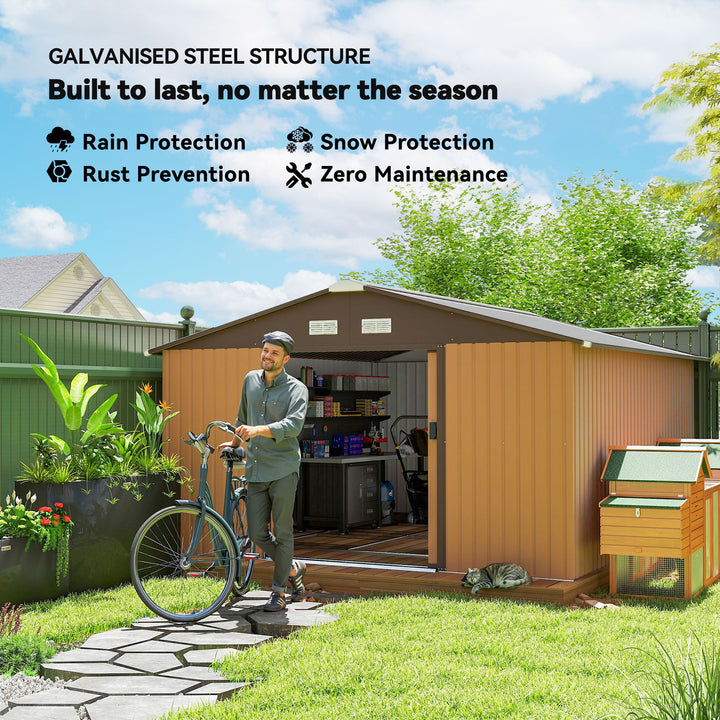 13 x 11ft Metal Garden Shed, Outdoor Storage Tool House with Ventilation Slots, Foundation Kit and Lockable Double Doors, Light Brown