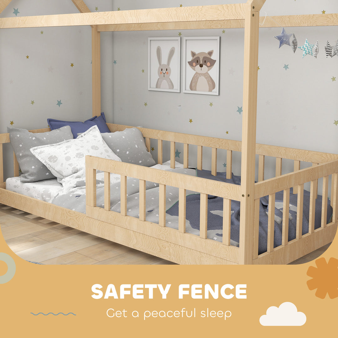 House-Shaped Kids Bed Frame with Guard Rails, Solid Pine Wood Single Bed Frame for Kids Boys and Girls