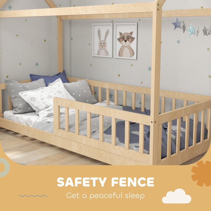 House-Shaped Kids Bed Frame with Guard Rails, Solid Pine Wood Single Bed Frame for Kids Boys and Girls