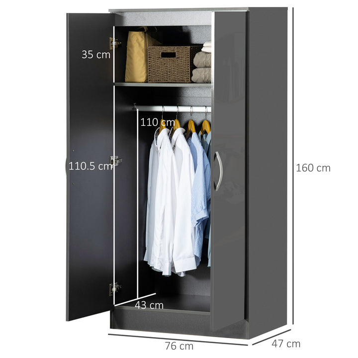 High Gloss Wardrobe, 2 Door Wardrobe with Hanging Rod and Storage Shelf, Clothes Storage Organizer with Anti-tipping Design for Bedroom, Grey