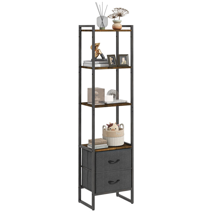 HOMCOM Industrial Bookcase 4-Tier Storage Shelf with 2 Fabric Drawers and Metal Frame for Living Room, Bedroom, Rustic Brown | Aosom UK