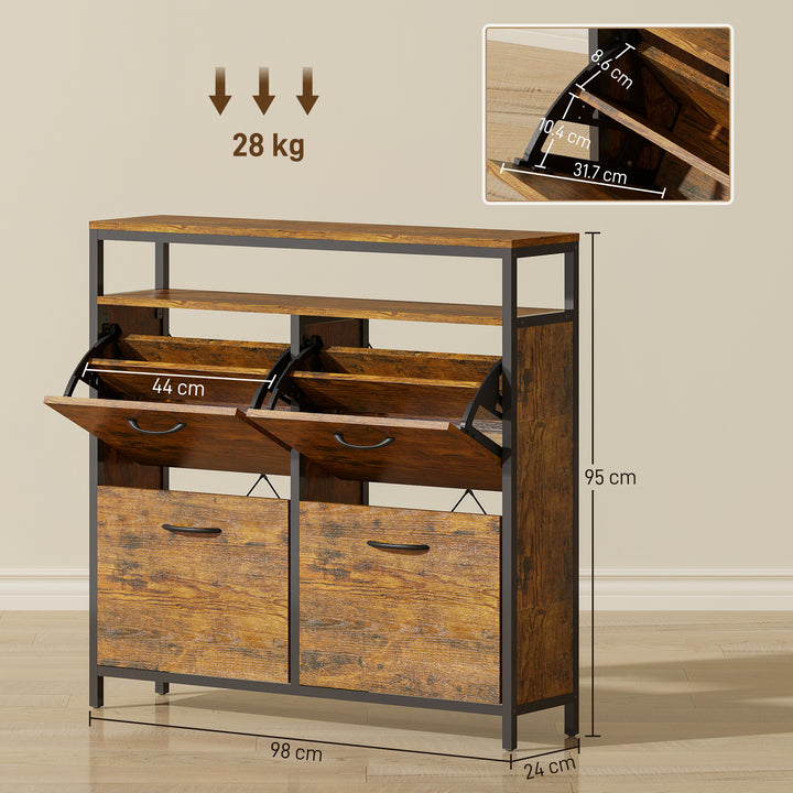 Shoe Storage Cabinet with 4 Flip Drawers and Open Shelf - Rustic Brown