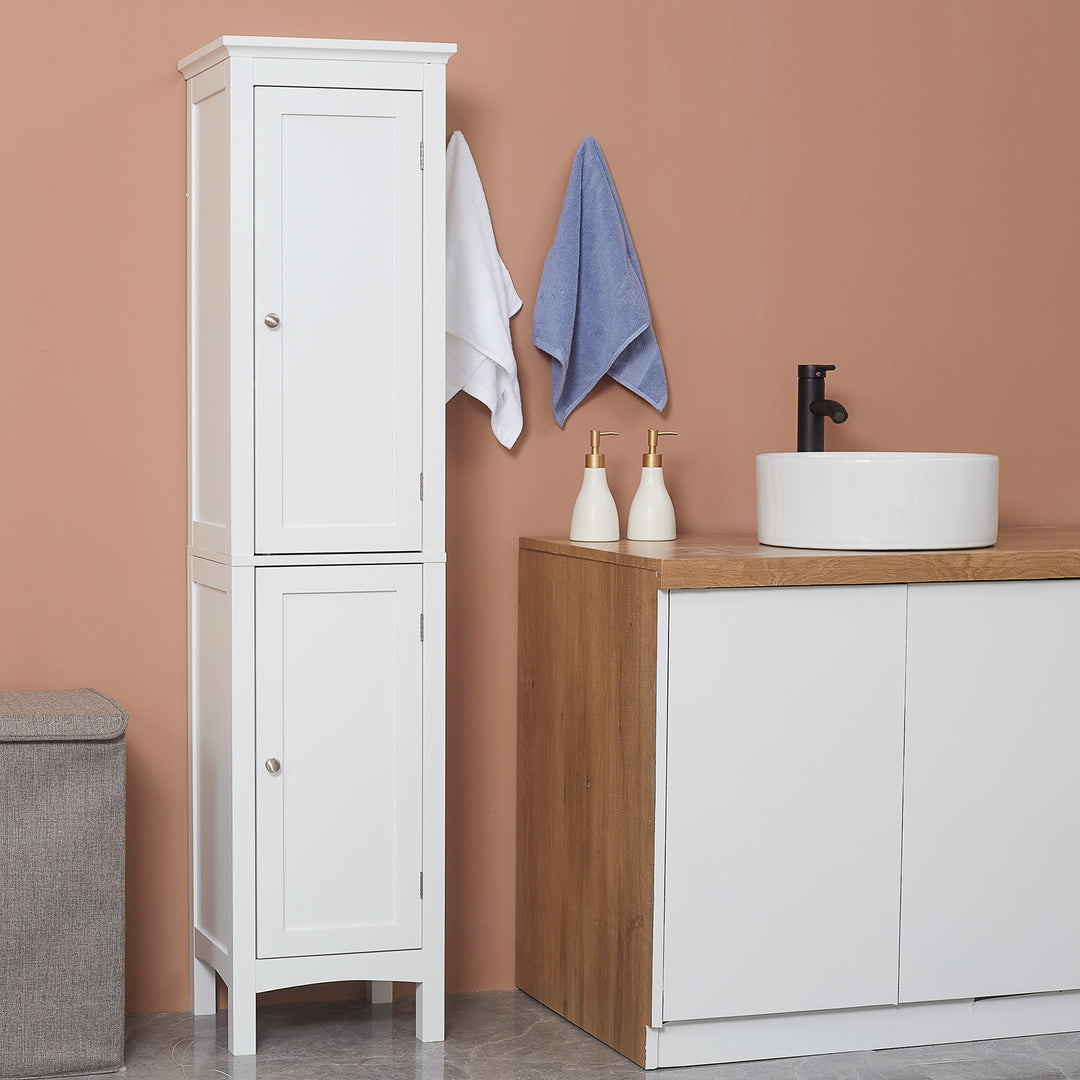 Tall Bathroom Storage Unit, Slim Bathroom Cabinet with Adjustable Shelves and Double Door, White