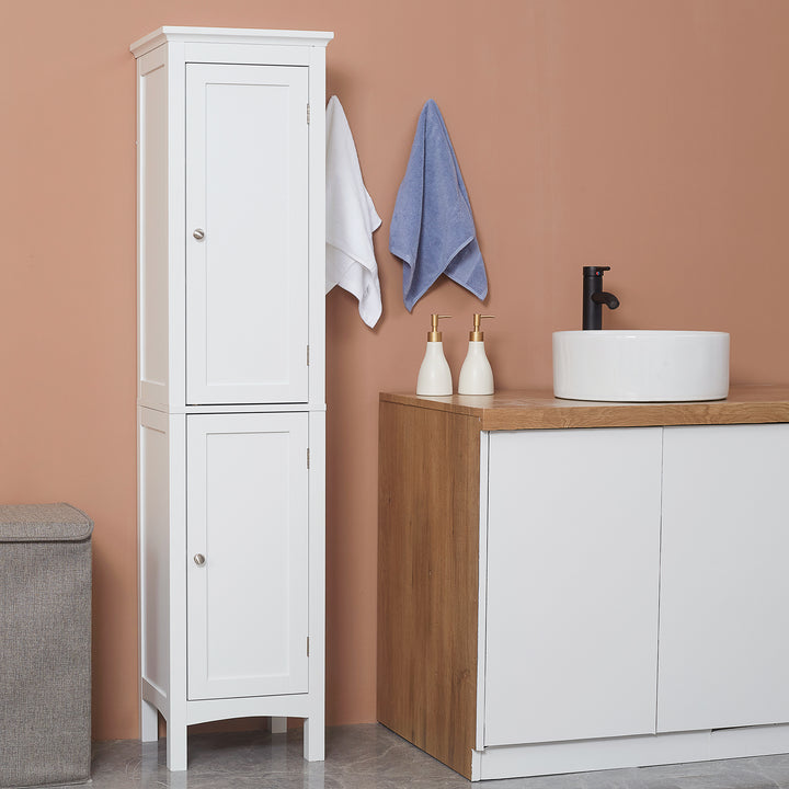 Tall Bathroom Storage Unit, Slim Bathroom Cabinet with Adjustable Shelves and Double Door, White