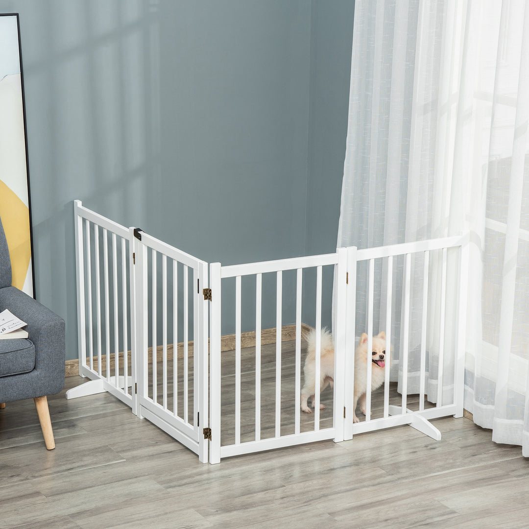 Wooden Dog Gate, Dog Fence Indoor, 80 cm Tall Freestanding Pet Gate for Small and Medium Dogs with 4 Panels, 2 Support Feet, White
