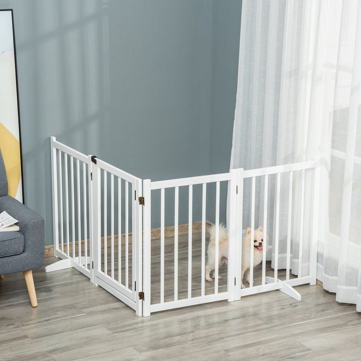 Wooden Dog Gate, Dog Fence Indoor, 80 cm Tall Freestanding Pet Gate for Small and Medium Dogs with 4 Panels, 2 Support Feet, White