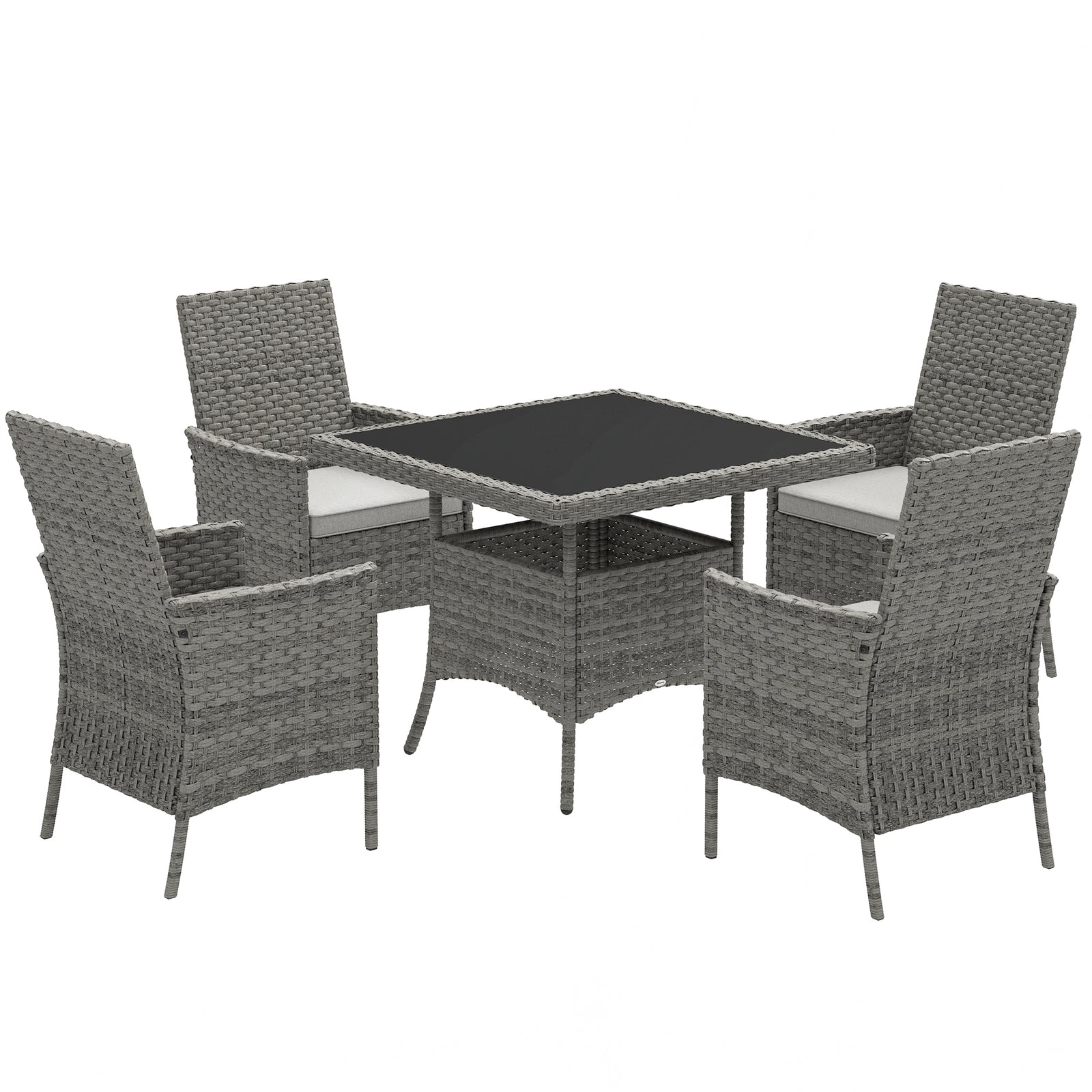 Rattan Garden Furniture Set, Outdoor Dining Table and Chairs 4 Seater with Cushions, Square Tempered Glass Top, 4 Armchairs, for Balcony, Terrace, Conservatory, Grey