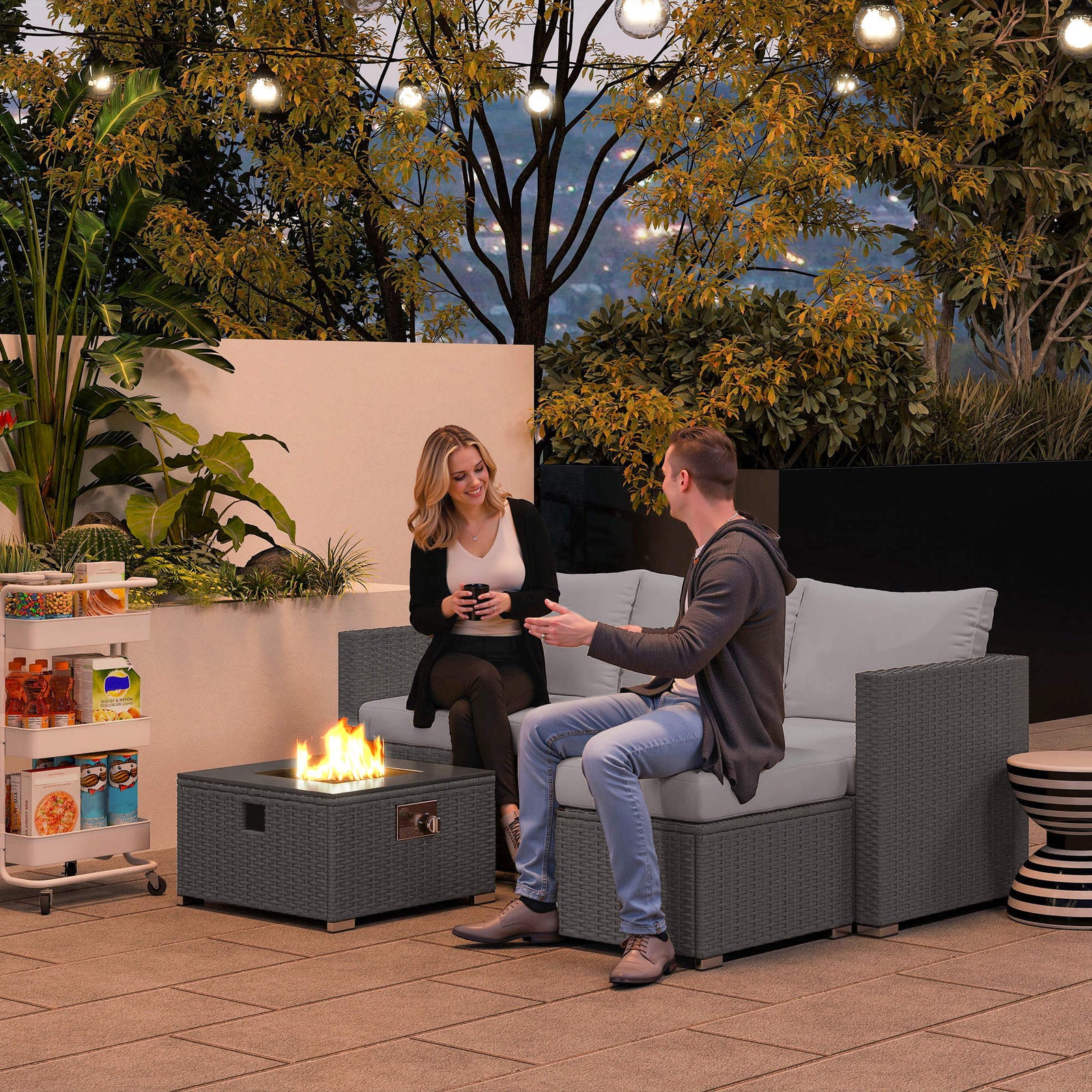 Five Piece Rattan Garden Furniture Set with Gas Fire Pit Table and Footstool - Grey