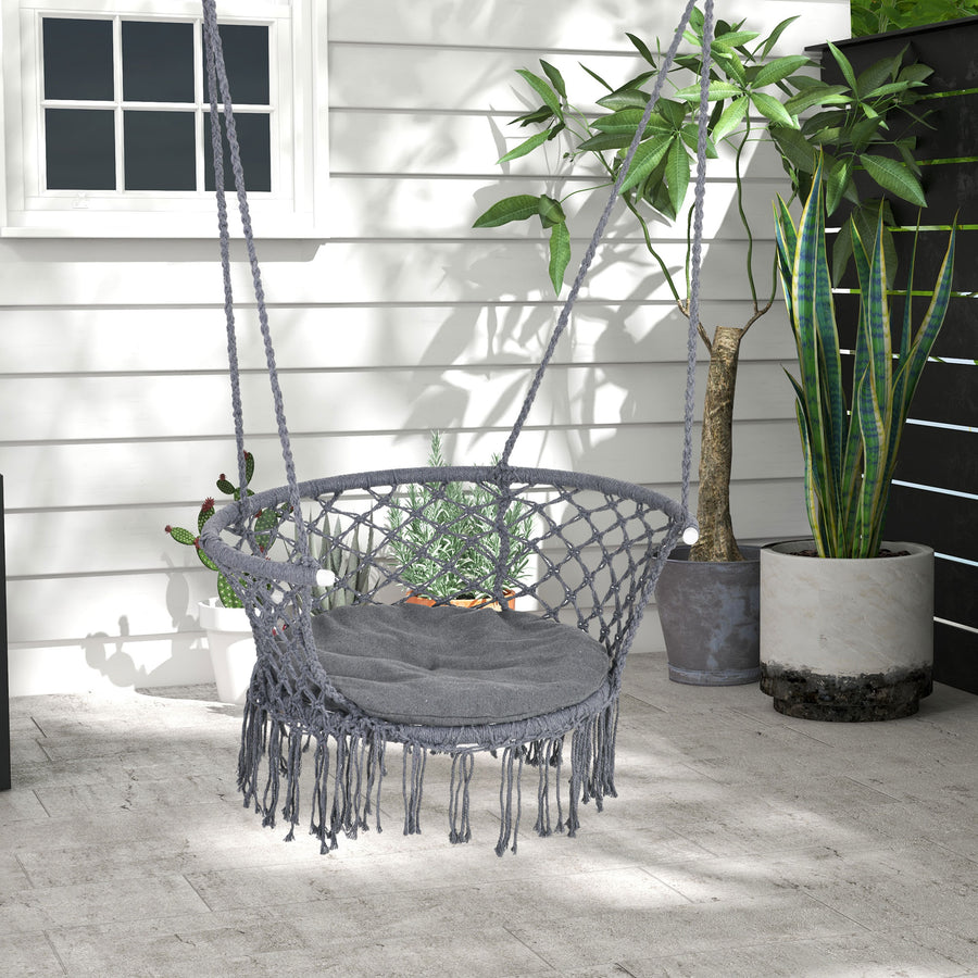 Outdoor Hanging Rope Chair with Cotton Rope, Cotton-Polyester Blend Macrame Garden Hammock Chair with Seat Cushion, Support Backrest, for Patio, Garden, Porch, Dark Grey