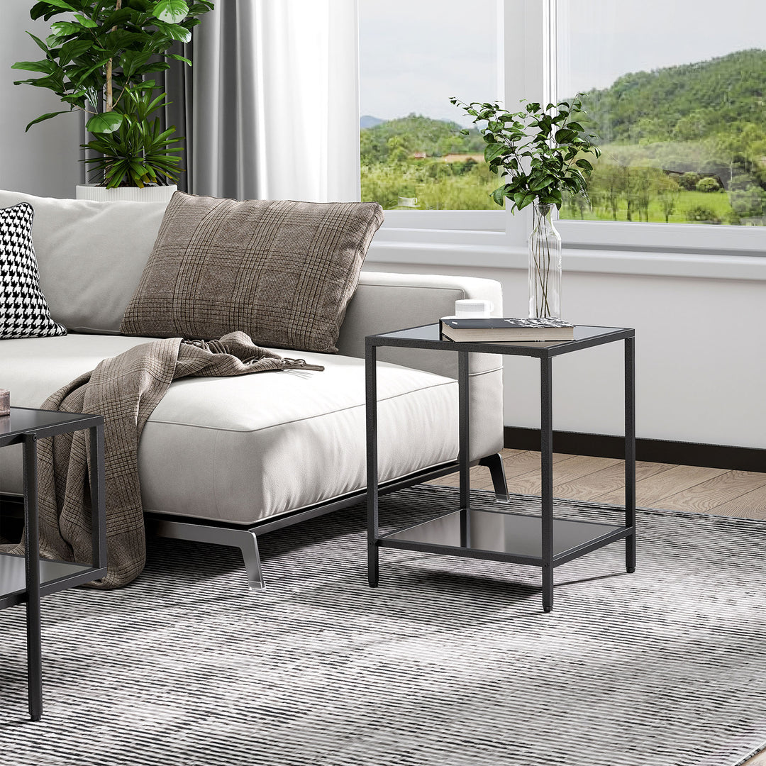 Tempered Glass Side Table with Storage, Modern 2-Tier Bedside Table with Steel Frame, Black