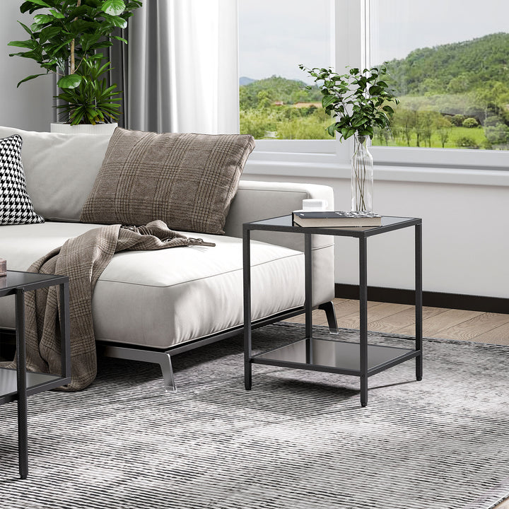 Tempered Glass Side Table with Storage, Modern 2-Tier Bedside Table with Steel Frame, Black