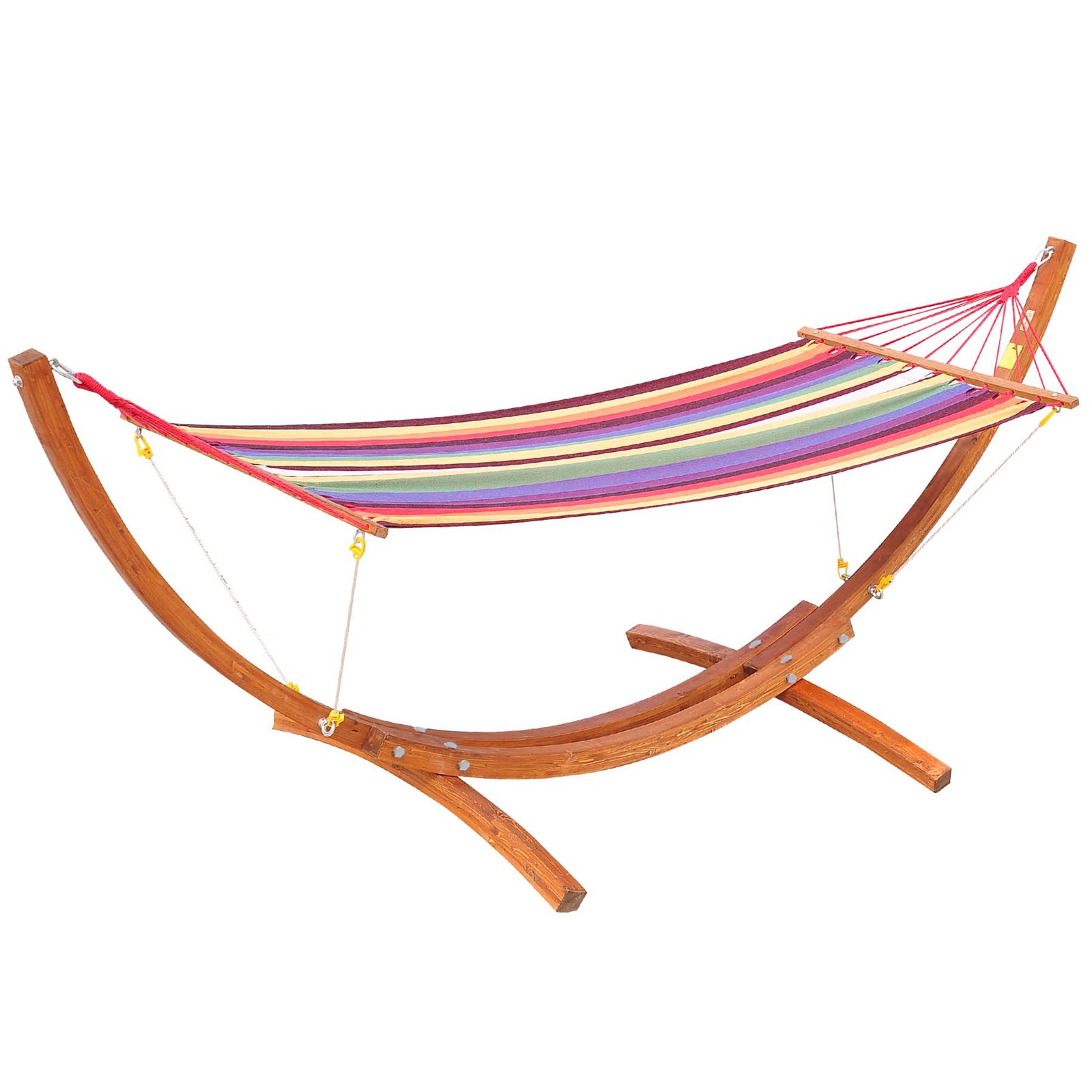 Outdoor Hammock with Stand, Free Standing Hammock with Arc Wooden Frame and 200 x 100cm Fabric, Garden Swing Hanging Bed with Safe Ropes, Multicolour