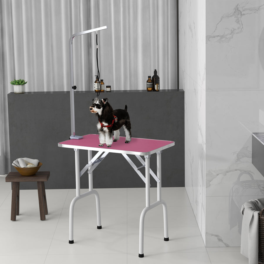 32" Foldable Dog Grooming Table Pet Drying Beauty Table Adjustable Fixed Arm Rubber Top, Pink