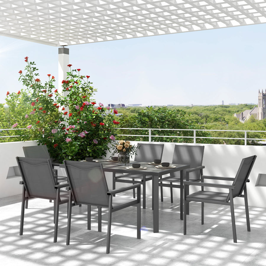 Seven-Piece Metal Dining Set, with Glass-Top Table - Grey
