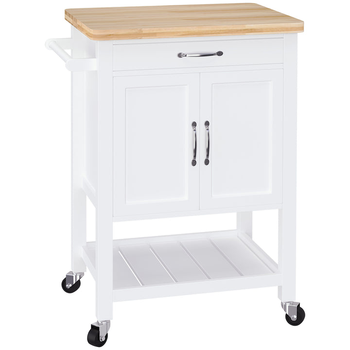 Kitchen Storage Trolley Cart Rolling Wheels Shelves Cupboard W/ Drawer And Towel Rail Rubber Wood Worktop White