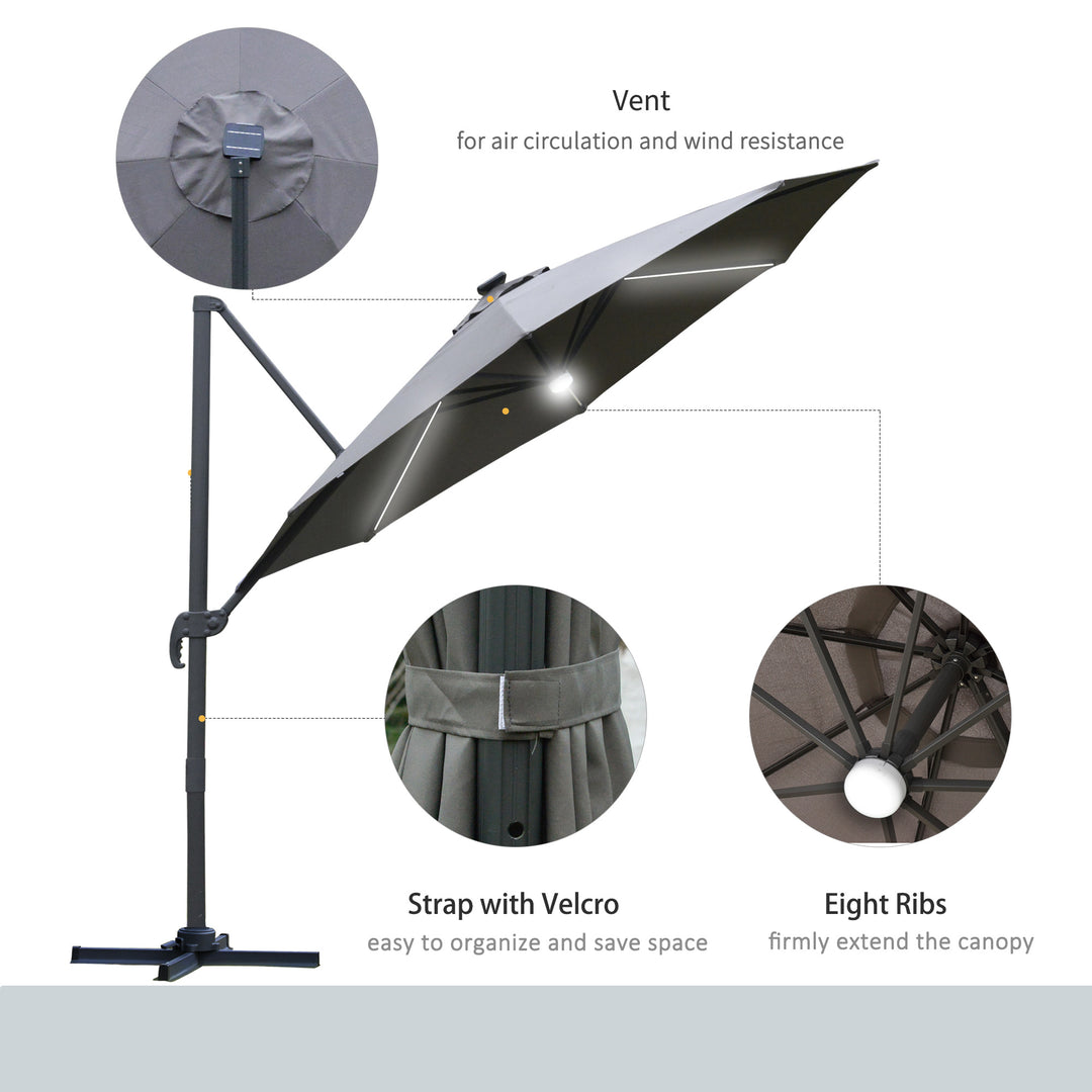 3(m) LED Cantilever Parasol Outdoor Sun Umbrella w/ Base Solar Lights Grey