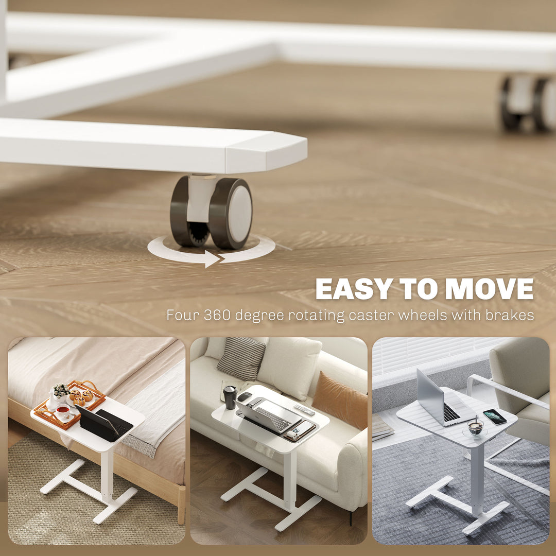 Height Adjustable Standing Desk, Pneumatic Sit Stand Desk for Laptop, Mobile Overbed Table with Wheels for Home Office, White