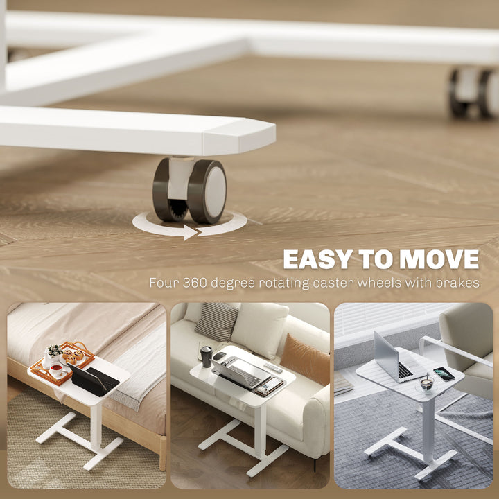 Height Adjustable Standing Desk, Pneumatic Sit Stand Desk for Laptop, Mobile Overbed Table with Wheels for Home Office, White