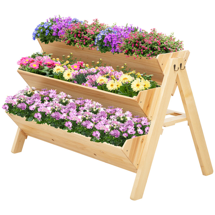 3 Tier Raised Beds for Garden, Wooden Planter Boxes with Clapboard and Hooks, 142L, 120 x 68 x 80cm