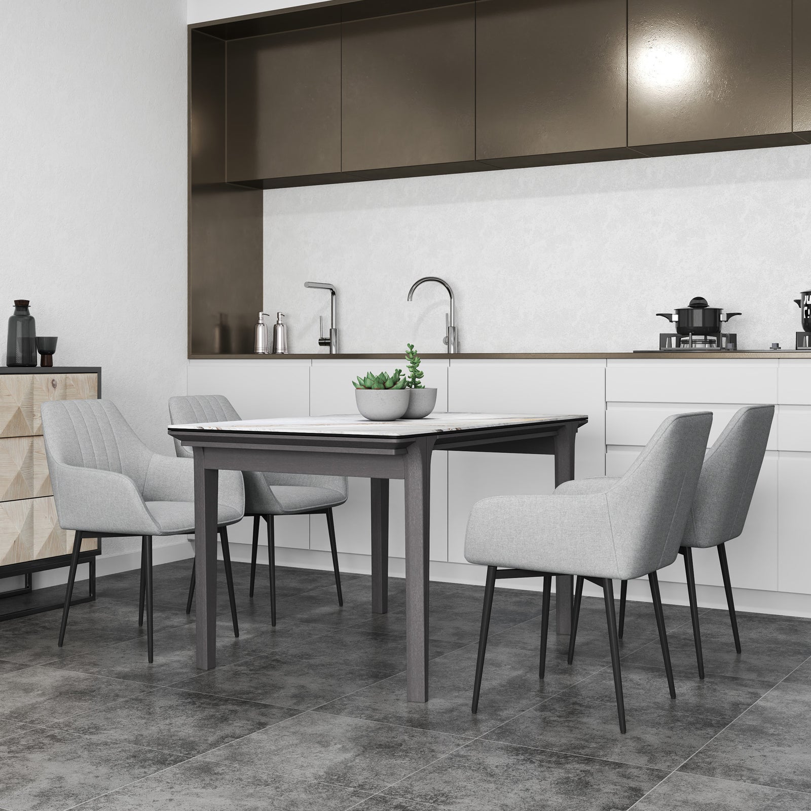 Dining Chairs Set of 4, Upholstered Linen Fabric Kitchen Chairs with Metal Legs for Living Room Dining Room, Light Grey