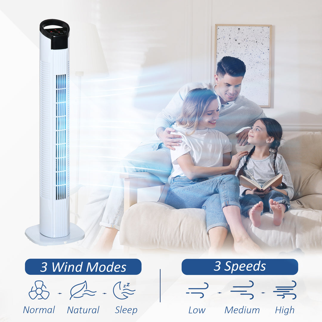 HOMCOM Tower Fan Freestanding, 3 Speeds 3 Modes, 7.5h Timer, 70 Oscillation, LED Display, 5M Remote, Black/White | Aosom UK