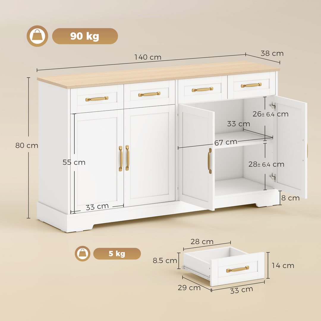 Sideboard Buffet Cabinet, 140 cm Kitchen Storage Cabinet with 4 Drawer