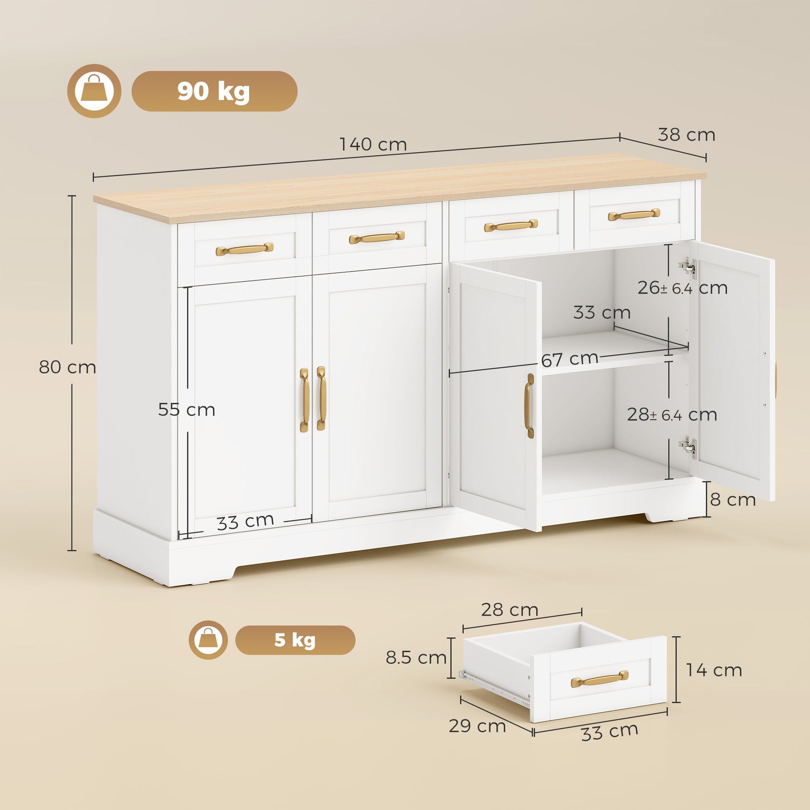 Sideboard Buffet Cabinet, 140 cm Kitchen Storage Cabinet with 4 Drawer