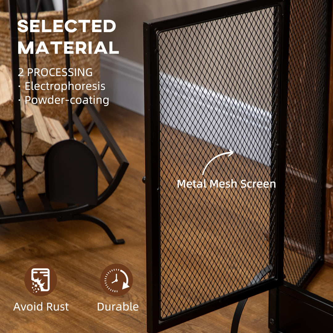 MCL 3-Panel Folding Fireplace Screen with Door, Freestanding Spark Guard, Metal Mesh Fireguard, Black