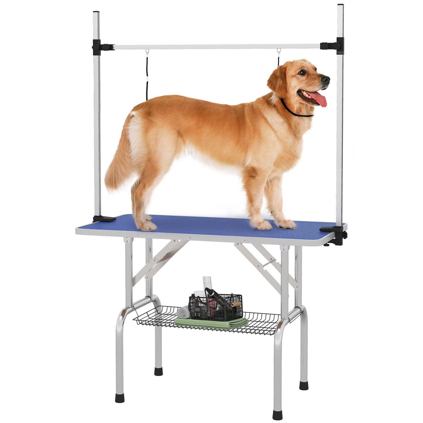 42" Dog Grooming Table, Adjustable Pet Cat Drying Beauty Table with 2 Loops Storage Basket, Rubber Top, Blue