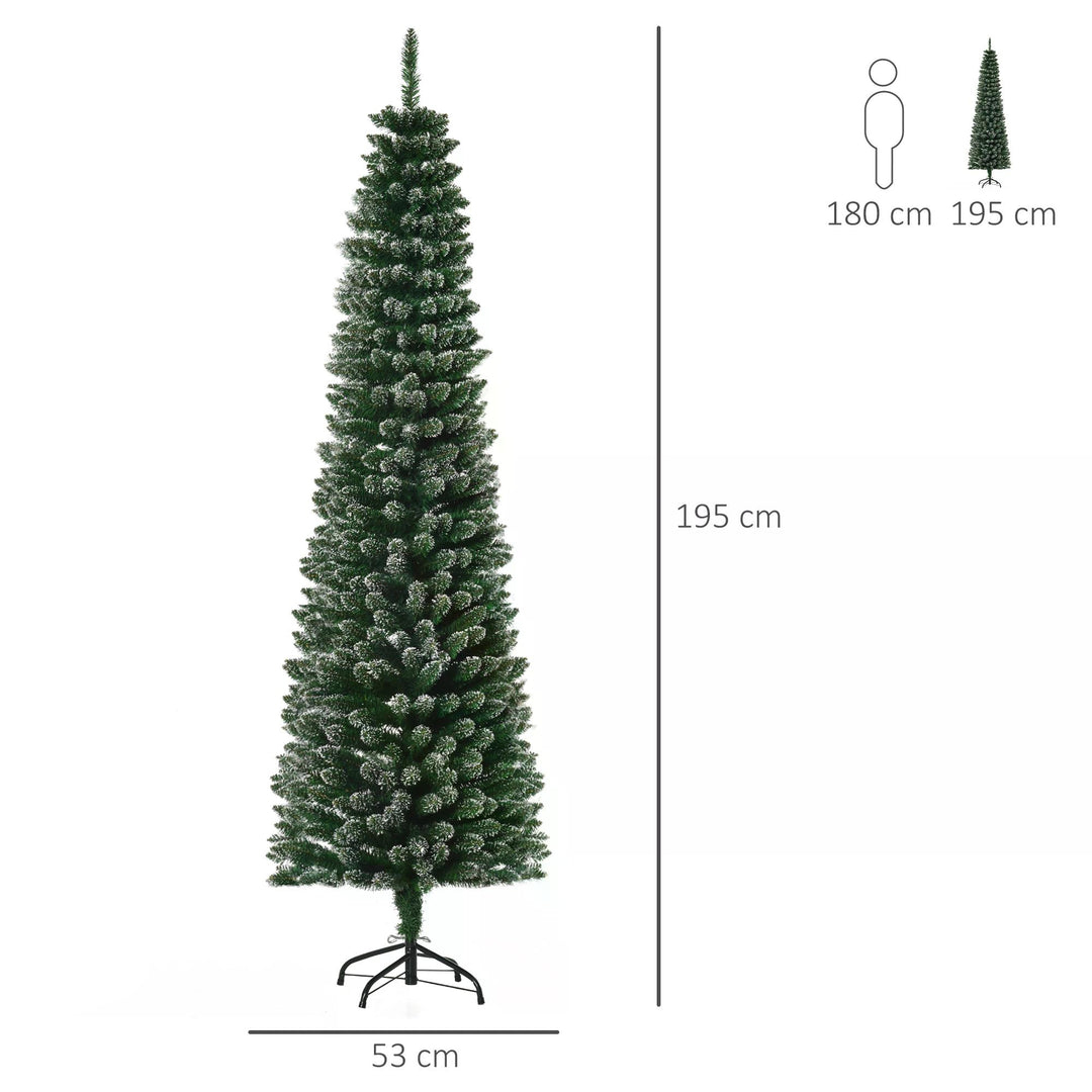 HOMCOM 6.5FT Artificial Snow Dipped Christmas Tree Xmas Pencil Tree Holiday Home Indoor Decoration with Foldable Black Stand, Green