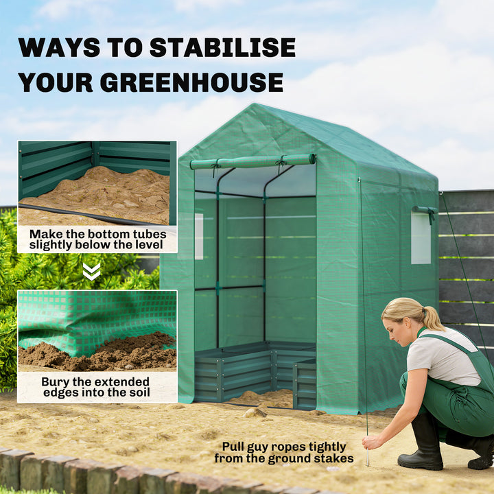 Small Greenhouse with Raised Garden Bed, Galvanised Walk-in Greenhouse with Roll Up Windows, 141 x 141 x 190 cm
