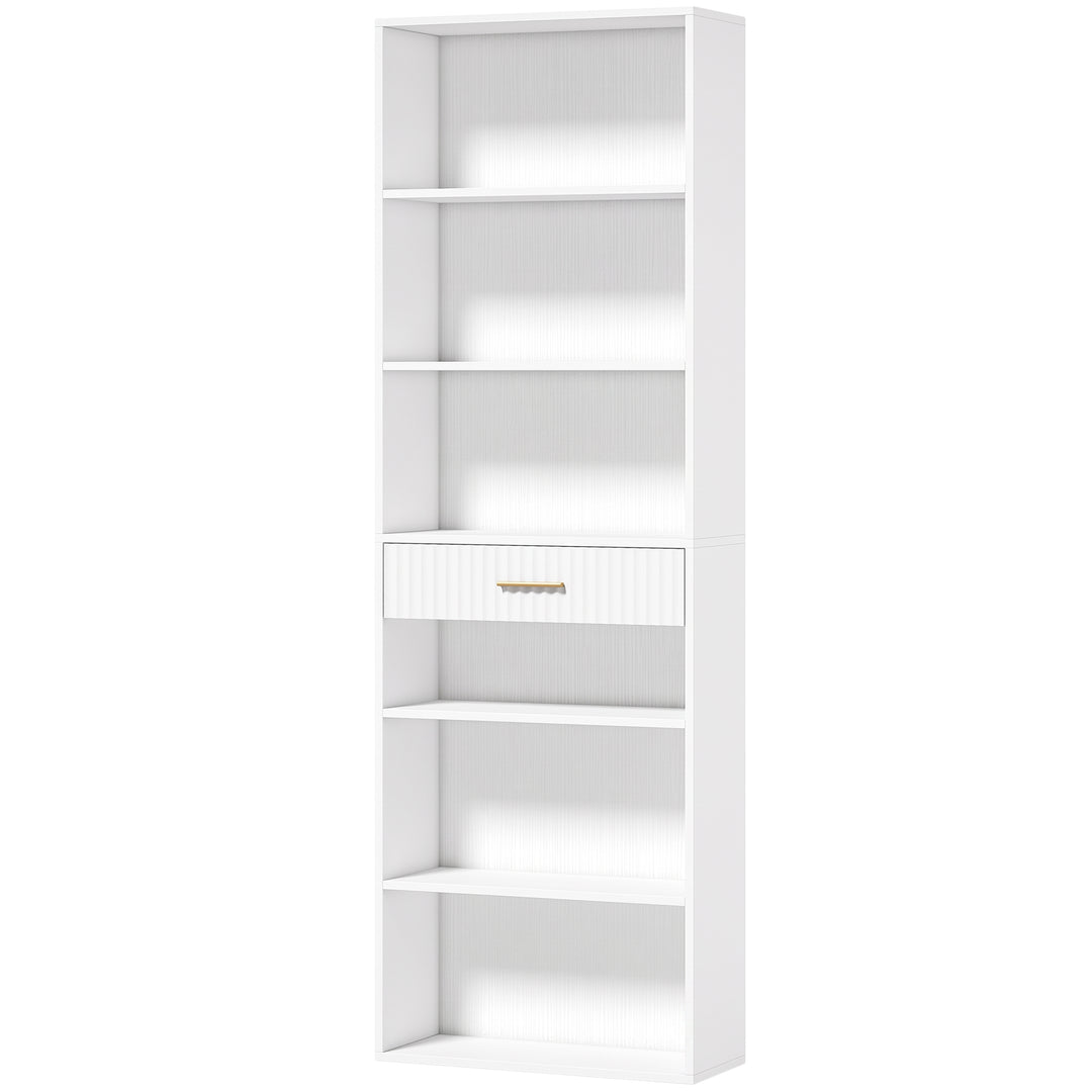 Bookcase Narrow Tall Space-Saving Bookshelf Drawer Open Shelves 60 x - White